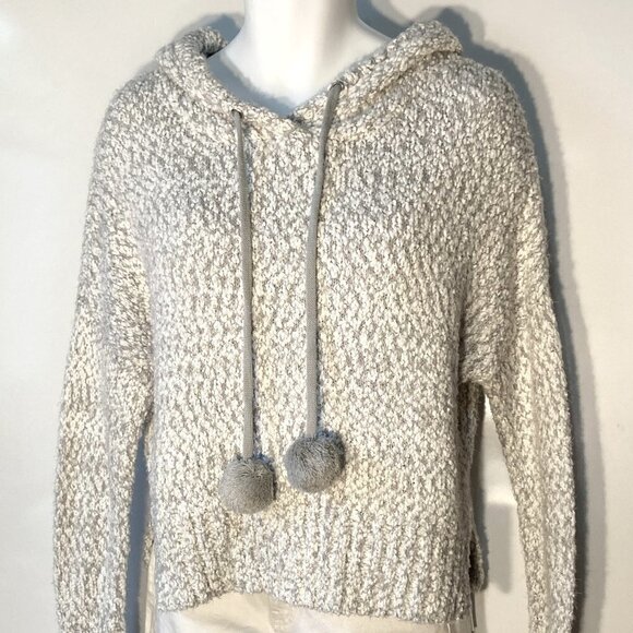 Yet Again SZ M Hooded Popcorn Knit Boxy Sweater Pom Poms - Picture 1 of 8